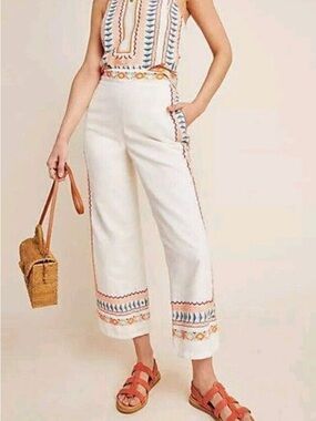 Anthropologie 6 Womens ISLANDER‎ Pants Embroidered Linen Ivory High Rise Small